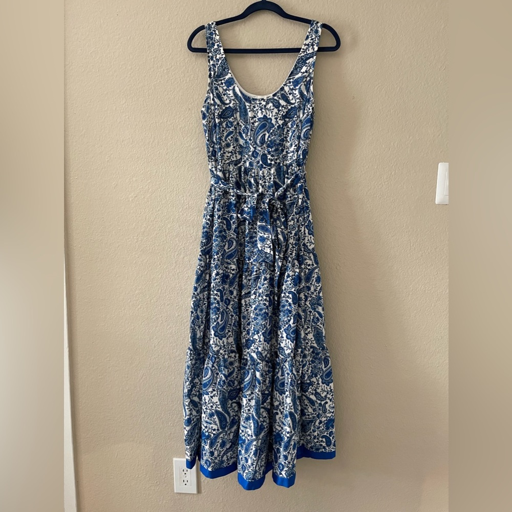 Aura Blue & White Paisley Pattern Sleeveless Tiered Cottagecore Maxi Dress